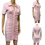 Pink Ruched Bodycon Full Button Front Short Sleeve Mini Dress Womens Small Size M Photo 1