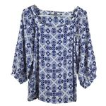 Loft Ann Taylor White Blue Square Neck Long Sleeve Size Small EUC #1177 Photo 0