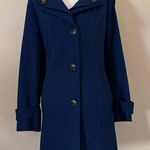 London Fog Women's Navy Trench Coat Sz L Wool Blend Hooded Winter preppy Jacket Photo 0