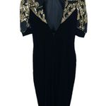Jessica McClintock Vintage Black Velvet Gold Sequin Puffy Half Sleeves Dress Photo 5