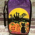 Halloween Themed Wristlet with Cat and Pumpkins Purple Photo 0