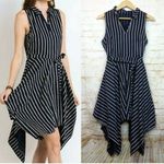 Doe & Rae Women Size M Striped Blue Dress Collared V-Neck Handkerchief Hem Photo 1