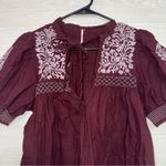 Free People Women's Red Embroidered Tie Front Puff Sleeve Blouse Top medium Photo 4