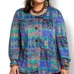 Vintage Pastel Patchwork Floral Blouse XL Cobalt Blue Rayon Top New Eclectic Purple Photo 0