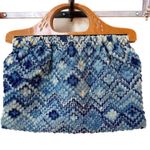 Handmade Vintage 70’s  Wooden Handle textured, woven fabric blue and white. Photo 0