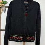 Woolrich  Black Full‎ Zip Cardigan Embroidered Flowers Sweater Size Large Photo 0