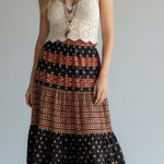 Vintage 70s Western Bohemian Prairie Maxi Skirt Size 11 Floral Lace Hippie Fall Blue Photo 0