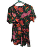 ZARA Dress S Floral Print Mini Deep V Neck Short Sleeve Fit Flare Black Pink Red Photo 2