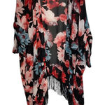 Eva Mendes‎ Women's One Size Floral Kimono Cinched Sleeve Long Fringe Boho Flowy Black Photo 0