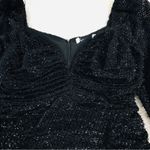 ASTR ‎  Black Low Cut Long Sleeve Mini Dress Fringe Shiny Metallic Ruched Small Photo 6