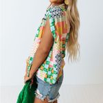 Fate Blouse Patchwork Print Tie Neck Size Large Rayon Sleeveless Padded Shoulder Green Photo 3