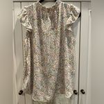 Loft Floral Print Women's Ruffle neck Top EUC Sz L white pink green yellow Photo 3