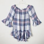 Beach Lunch Lounge Pink & Blue Plaid Off the Shoulder Tunic Blouse Photo 3