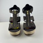 Steve Madden SM New York Black Denim & Gold Wedge Sandal Raffia Women’s Size 9.5 Photo 1
