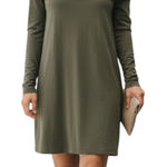 Joan Vass Olive Green Cowl Neck Off-Shoulder Sweater Dress M Midi Shift Photo 0