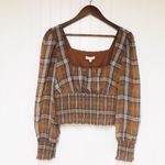 Gianni Bini Brown Plaid Smocked Crop Top Long Puff Sleeve Square Neck Sz 10 New Photo 1