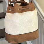 Ivory Embroidered Crochet Bucket Bag Brown Faux Leather Trim Crossbody Strap Photo 3