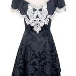 Gunne Sax  Vintage 80s Gothic Dress Black Jacquard White Lace Off Shoulder 7/8 Photo 0