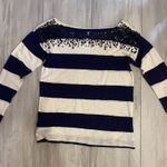 Loft Ann Taylor  Navy Blue and Cream Horizontal Stripe Long Sleeve Sequin Shirt Photo 0