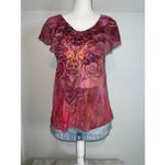 Y2K 2000s Floral Print Lettuce Cap Sleeve Whimsy Fairy Grunge Boho Top SMALL Pink Photo 1