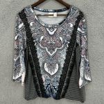 Chico's Zenergy Top 2 L Black White Paisley Stripe Medallion Boho Statement Bold Photo 0