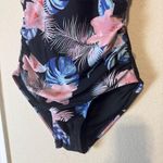 DKNY Swimsuit one piece black floral tropical hibiscus plunge halter sz L Photo 1