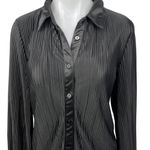 Nicole Miller Black Silk Satin Plisse Pleated Button Down Shirt Blouse Top Sz L Photo 2