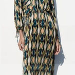 ZARA  Geometric Print Sateen Maxi Dress Green Blue Tan Long Sleeve Small Photo 0