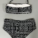 Michael Kors Black White Logo Graphic Bandeau Bikini Top and Bathing Suit Bottoms Coords Luxury Designer Matching Swimwear Set Size XS 🖤 Photo 3