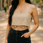 Jason Wu  Beige Linen Blend Crop Top with Beaded Hem 10 Photo 0