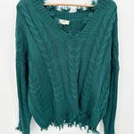 Entro  Green V-Neck Long Sleeve Cable Knit Frayed Sweater Women's Size Large L Photo 9