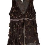 Flamingo size medium tiered vintage Brown Embroidered Top floral boho cottage Photo 0