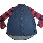 BDG Women's Mixed Media Plaid Flannel Denim Button Up Shirt Size Large Casual Photo 0