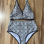 Beachsissi   Bathing Suit Set White Geo Print Longline Top High Rise Bottom Sz L Photo 0