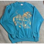 Jerzees Vintage Horse Carousel Sweatshirt Glitter Pullover M 80s USA Crew Teal Photo 0