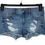 American Eagle  SZ 4 Shortie Jean Shorts Distressed Frayed Hems Stretch Low-Rise Photo 0