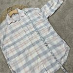 Free People  LoveLand Pastel Plaid Button Down Shirt Frayed Hem Boho White Pink M Photo 11