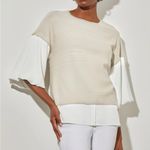 Ming Wang Tan Mixed Media Puff Sleeve Knit Blouse Size Small Photo 0