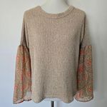 Rods Prim & Proper Beige Paisley Contrast Chiffon Sleeve Sweater Size Small Tan Photo 1