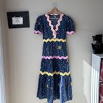 CELIA B Dress Celestial Sun Stars Print Navy Rickrack Trim Midi Dress XS Blue Photo 1