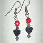 Black Metallic Hematite Heart Drop Earrings with Red and Silver Accents Photo 3