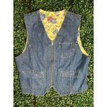 Vintage LizWear Bohemian Blue Yellow Floral Denim Reversible Vest Photo 2
