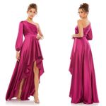 Mac Duggal One-Shoulder Long Sleeve Satin High/Low Gown in Berry Size US 0 Photo 2