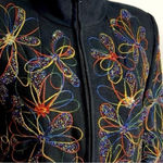 VINTAGE Boho Jacket Women’s Medium Front Zip Embroidered Sequin Floral Anage Black Photo 3