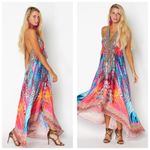 True Colors By La Moda Halter Maxi Dress Size Medium Mix Print Y2K Rhinestone Blue Photo 2