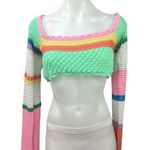 Women's Multi Colorblock Crochet Knit Long Sleeve Square Neck Sweater Crop Top S Photo 0