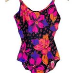 Vtg Abstract Print One Piece Swim Sz 14 Hawaiian Floral Dot Print Black Photo 0