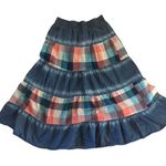Faded Denim & Plaid Tiered Denim Prairie Peasant Skirt Sz. M Midi Length BOHO Blue Size M Photo 0