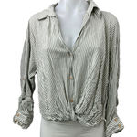 ZARA  Green Striped Collared Long Sleeve Button Down Crop Shirt Blouse Top Size L Photo 0