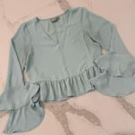 ASOS  Elegant Long Ruffle Sleeve V-Neck Blouse Womens 4 Light Minty Blue Romantic Photo 0